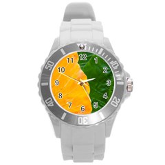 Wet Yellow And Green Leaves Abstract Pattern Round Plastic Sport Watch (l) by Amaryn4rt