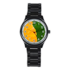 Wet Yellow And Green Leaves Abstract Pattern Stainless Steel Round Watch by Amaryn4rt