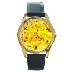 Yellow Abstract Background Round Gold Metal Watch