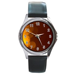 Yellow And Orange Blurred Lights Orange Gerberas Yellow Bokeh Background Round Metal Watch by Amaryn4rt