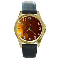 Yellow And Orange Blurred Lights Orange Gerberas Yellow Bokeh Background Round Gold Metal Watch by Amaryn4rt