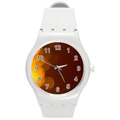 Yellow And Orange Blurred Lights Orange Gerberas Yellow Bokeh Background Round Plastic Sport Watch (m) by Amaryn4rt