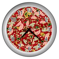 Pizza Pattern Wall Clocks (silver)  by Valentinaart