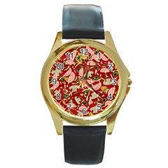 Pizza Pattern Round Gold Metal Watch by Valentinaart