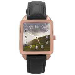 Agriculture Clouds Cropland Rose Gold Leather Watch 