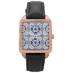 Ceramic Portugal Tiles Wall Rose Gold Leather Watch 