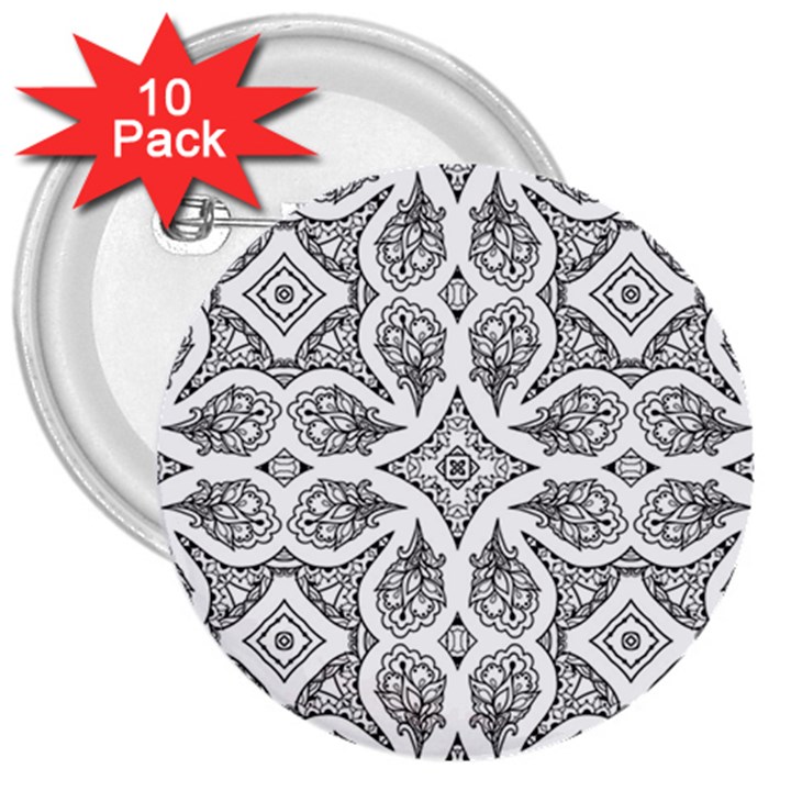 Mandala Line Art Black And White 3  Buttons (10 pack) 