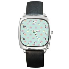 Butterfly Pastel Insect Green Square Metal Watch by Nexatart