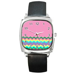 Easter Chevron Pattern Stripes Square Metal Watch by Nexatart