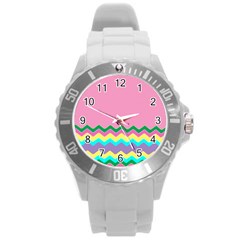 Easter Chevron Pattern Stripes Round Plastic Sport Watch (l)