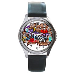 Graffiti Word Characters Composition Decorative Urban World Youth Street Life Art Spraycan Drippy Bl Round Metal Watch by Foxymomma