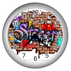 Graffiti Word Characters Composition Decorative Urban World Youth Street Life Art Spraycan Drippy Bl Wall Clocks (silver)  by Foxymomma