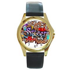 Graffiti Word Characters Composition Decorative Urban World Youth Street Life Art Spraycan Drippy Bl Round Gold Metal Watch by Foxymomma