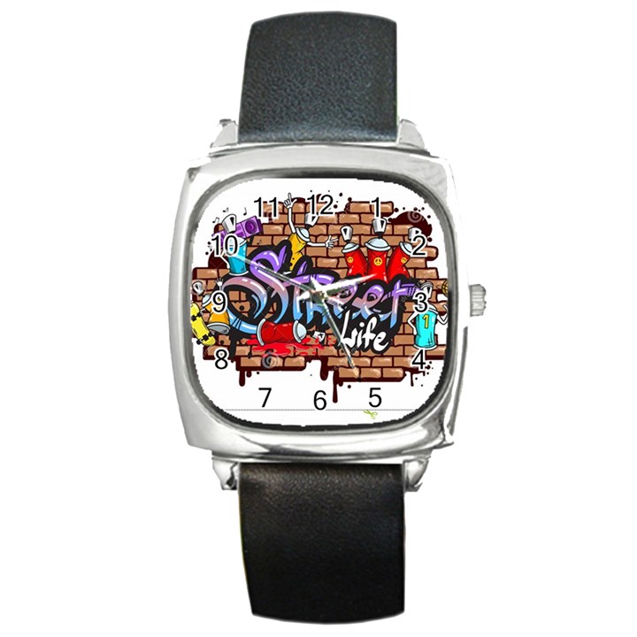 Graffiti Word Characters Composition Decorative Urban World Youth Street Life Art Spraycan Drippy Bl Square Metal Watch