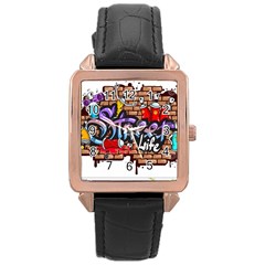 Graffiti Word Characters Composition Decorative Urban World Youth Street Life Art Spraycan Drippy Bl Rose Gold Leather Watch  by Foxymomma