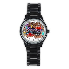 Graffiti Word Characters Composition Decorative Urban World Youth Street Life Art Spraycan Drippy Bl Stainless Steel Round Watch by Foxymomma