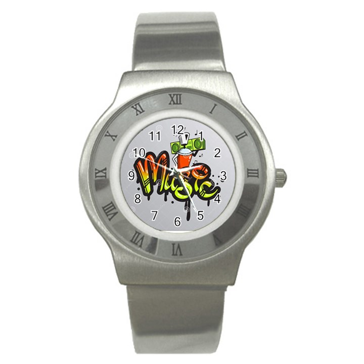 Graffiti Word Character Print Spray Can Element Player Music Notes Drippy Font Text Sample Grunge Ve Stainless Steel Watch