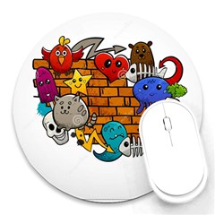 Graffiti Characters Flat Color Concept Cartoon Animals Fruit Abstract Around Brick Wall Vector Illus Round Mousepads by Foxymomma