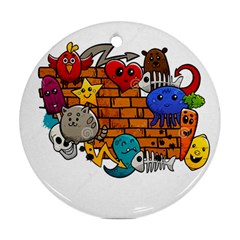 Graffiti Characters Flat Color Concept Cartoon Animals Fruit Abstract Around Brick Wall Vector Illus Ornament (round) by Foxymomma