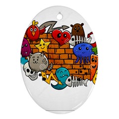 Graffiti Characters Flat Color Concept Cartoon Animals Fruit Abstract Around Brick Wall Vector Illus Ornament (oval) by Foxymomma