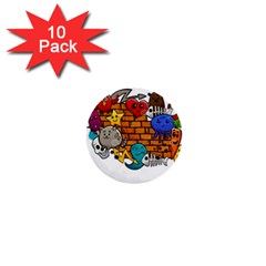 Graffiti Characters Flat Color Concept Cartoon Animals Fruit Abstract Around Brick Wall Vector Illus 1  Mini Buttons (10 Pack) 