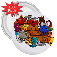 Graffiti Characters Flat Color Concept Cartoon Animals Fruit Abstract Around Brick Wall Vector Illus 3  Buttons (100 Pack) 