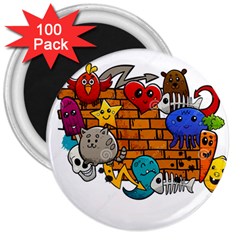 Graffiti Characters Flat Color Concept Cartoon Animals Fruit Abstract Around Brick Wall Vector Illus 3  Magnets (100 Pack)