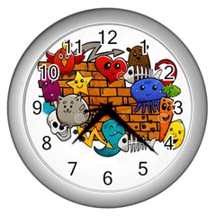 Graffiti Characters Flat Color Concept Cartoon Animals Fruit Abstract Around Brick Wall Vector Illus Wall Clocks (silver)  by Foxymomma