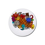 Graffiti Characters Flat Color Concept Cartoon Animals Fruit Abstract Around Brick Wall Vector Illus Rubber Round Coaster (4 pack)  Front