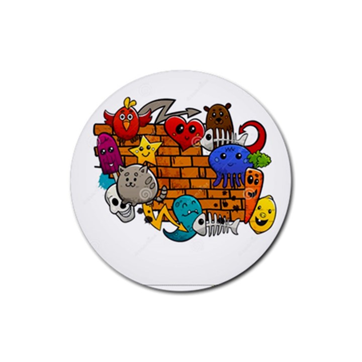 Graffiti Characters Flat Color Concept Cartoon Animals Fruit Abstract Around Brick Wall Vector Illus Rubber Round Coaster (4 pack) 