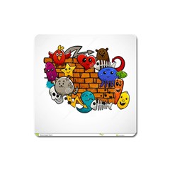 Graffiti Characters Flat Color Concept Cartoon Animals Fruit Abstract Around Brick Wall Vector Illus Square Magnet by Foxymomma