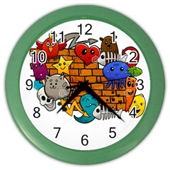 Graffiti Characters Flat Color Concept Cartoon Animals Fruit Abstract Around Brick Wall Vector Illus Color Wall Clocks by Foxymomma