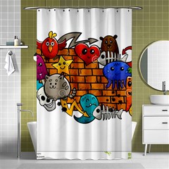 Graffiti Characters Flat Color Concept Cartoon Animals Fruit Abstract Around Brick Wall Vector Illus Shower Curtain 48  X 72  (small)  by Foxymomma