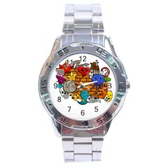 Graffiti Characters Flat Color Concept Cartoon Animals Fruit Abstract Around Brick Wall Vector Illus Stainless Steel Analogue Watch by Foxymomma