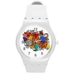 Graffiti Characters Flat Color Concept Cartoon Animals Fruit Abstract Around Brick Wall Vector Illus Round Plastic Sport Watch (m) by Foxymomma