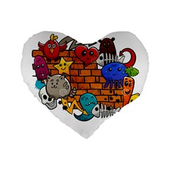 Graffiti Characters Flat Color Concept Cartoon Animals Fruit Abstract Around Brick Wall Vector Illus Standard 16  Premium Heart Shape Cushions