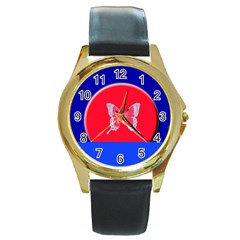 Blue Background Butterflies Frame Round Gold Metal Watch