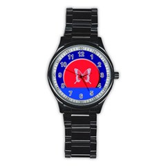 Blue Background Butterflies Frame Stainless Steel Round Watch by Nexatart