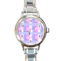 Gingham Checkered Texture Pattern Round Italian Charm Watch by Nexatart