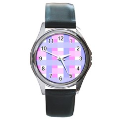 Gingham Checkered Texture Pattern Round Metal Watch by Nexatart