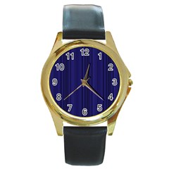 Deep Blue Lines Round Gold Metal Watch by Valentinaart