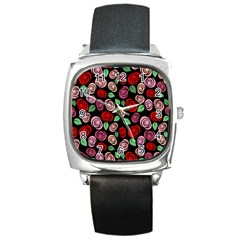 Red And Pink Roses Square Metal Watch by Valentinaart