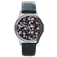 Purple Roses Pattern Round Metal Watch by Valentinaart