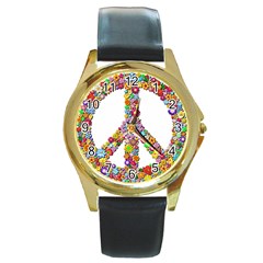 Groovy Flower Clip Art Round Gold Metal Watch by Nexatart