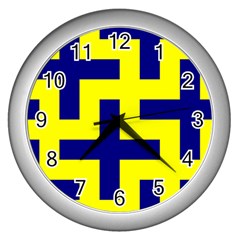 Pattern Blue Yellow Crosses Plus Style Bright Wall Clocks (silver)  by Nexatart