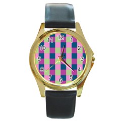 Pink Teal Lime Orchid Pattern Round Gold Metal Watch by Nexatart