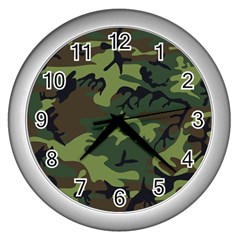 Camouflage Green Brown Black Wall Clocks (silver)  by Nexatart