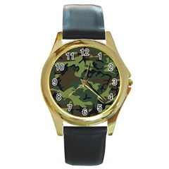 Camouflage Green Brown Black Round Gold Metal Watch by Nexatart