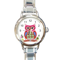 Owl Colorful Patchwork Art Round Italian Charm Watch by Nexatart