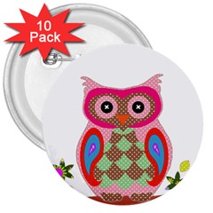 Owl Colorful Patchwork Art 3  Buttons (10 Pack)  by Nexatart